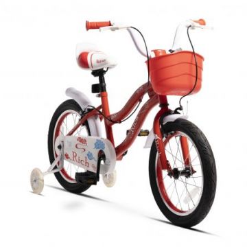 Bicicleta copii Rich Baby R1408A 14 Inch C-Brake roti ajutatoare cu led cadru rosu cu design alb