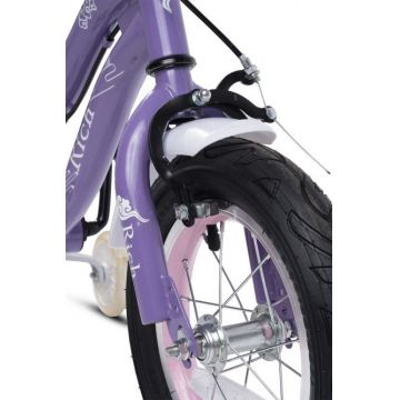 Bicicleta copii Rich Baby R1608A 16 Inch C-Brake roti ajutatoare cu led cadru mov cu design alb