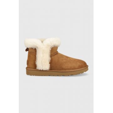 UGG cizme de zapada din piele intoarsa W Classic Mini Heritage Fluff culoarea maro