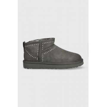 UGG cizme de zapada din piele intoarsa W Classic Ultra Mini Bling culoarea gri