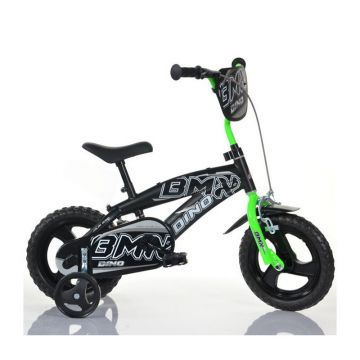 Dino Bikes - Bicicleta cu pedale BMX 125, 12 , Cu roti ajutatoare, Albastru/Verde
