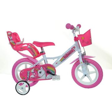 Dino Bikes - Bicicleta cu pedale Unicorn, 12 , Cu roti ajutatoare, Multicolor