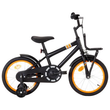 vidaXL Bicicletă copii cu suport frontal, negru și portocaliu, 16 inci