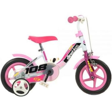 Bicicleta copii 10inch, pentru copii peste 3 ani, 108 sport alb si roz cu frana 108FL-0509-WP Dino Bikes