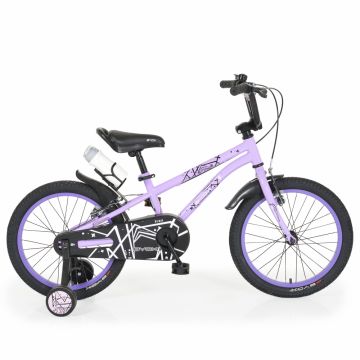 Bicicleta copii cu roti ajutatoare Byox Pixy Violet 18 inch, varsta 5-7 ani, frana de mana pe ambele roti, clopotel pe ghidon, scaun reglabil pe inaltime