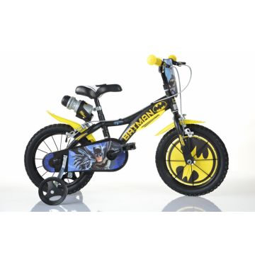 Bicicleta copii Dino Bikes Batman 14 inch, varsta 4-5 ani, inaltimea 95-115 cm, frana de mana pe ambele roti, scaun reglabil, roti ajutatoare detasabile, greutate maxima suportata 50 kg