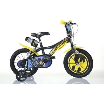 Bicicleta copii Dino Bikes Batman 16 inch, varsta 5-7 ani, inaltimea 107-125 cm, frana de mana pe ambele roti, scaun reglabil, roti ajutatoare detasabile, licentiata Batman