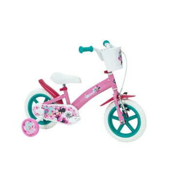 Bicicleta pentru copii, 12 inch, Cu roti ajutatoare, Sistem de franare frontal, Huffy, Disney Minnie, Roz