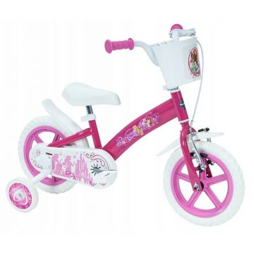 Bicicleta pentru copii, Huffy, Disney Princess, 12 inch, Cu roti ajutatoare si cosulet frontal, Sistem de franare frontal, Roz