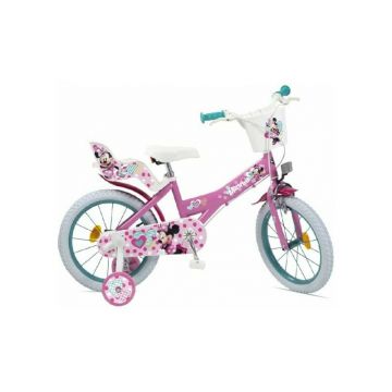 Bicicleta pentru copii, Huffy, Disney Minnie, 14 inch, Cu roti ajutatoare si cosulet frontal, Cu scaunel pentru papusi, Roz