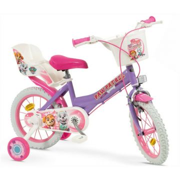 Bicicleta pentru copii, 14 inch, Cu roti ajutatoare si cosulet frontal, Cu scaunel pentru papusi, Toimsa, Paw Patrol, Violet