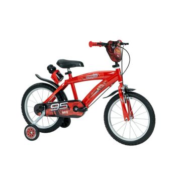 Bicicleta pentru copii, Huffy, Cars, 16 inch, Cu roti ajutatoare si suport pentru sticla de apa, Rosu