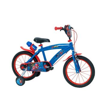 Bicicleta pentru copii, Huffy, Disney Spider-Man, 16 inch, Cu roti ajutatoare si suport pentru sticla de apa, Albastru