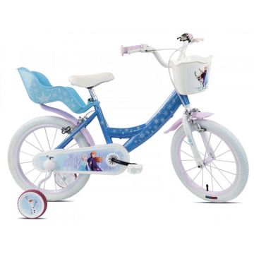 Bicicleta pentru copii Denver Disney Frozen 14 inch, frana de mana pe ambele roti, clopotel, roti ajutatoare detasabile, suport pentru papusi, cosulet transport pe ghidon