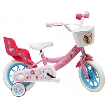 Bicicleta pentru copii Denver Disney Princess 12 inch, frana de mana pe ambele roti, clopotel, roti ajutatoare detasabile, suport pentru papusi, cosulet transport pe ghidon