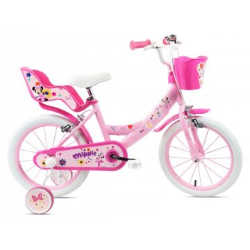 Bicicleta pentru copii Denver Minnie Cutest 16 inch, frana de mana pe ambele roti, clopotel, roti ajutatoare detasabile, suport pentru papusi, cosulet transport pe ghidon