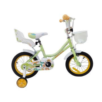 Makani - Bicicleta cu roti ajutatoare si scaunel pentru papusi, Cosulet frontal, 14 inch, Cu sonerie, 52x72x101 cm, 4 ani+, Pana 25 kg, Verde