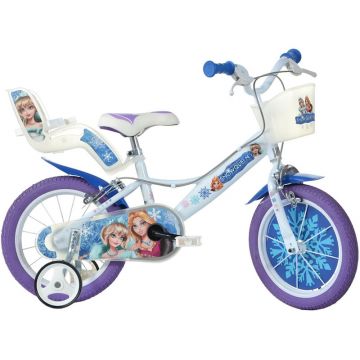 Bicicleta cu pedale, Dino Bikes, Craiasa Zapezii, Cu roti ajutatoare, Cu cosulet frontal, Cu scaunel pentru papusa, 14 inch, Pana la 50 kg, 4 ani+, Multicolor