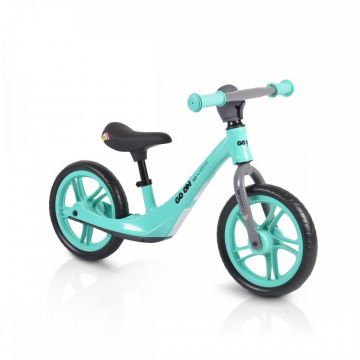 Bicicleta copii fara pedale Byox Go On turquoise 12 inch, roti din spuma EVA, scaun reglabil 32-41 cm, cadru din aliaj de magneziu, roti din spuma rezistenta, greutate maxima 30 kg