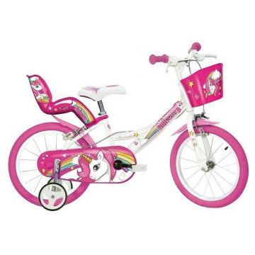 Dino Bikes - Bicicleta cu pedale Unicorn, 16 , Cu roti ajutatoare