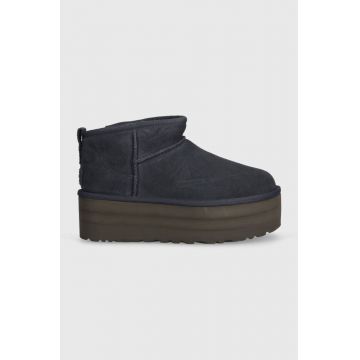 UGG cizme de zapada din piele intoarsa Classic Ultra Mini Platform culoarea albastru marin, 1135092