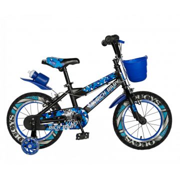 Bicicleta baieti RICH BABY R14WTA, roata 14  , roti ajutatoare cu LED, 3-5 ani, culoare negru albastru
