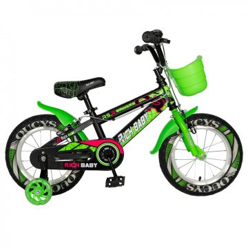 Bicicleta baieti RICH BABY R14WTB, roata 14  , roti ajutatoare, 3-5 ani, culoare negru verde