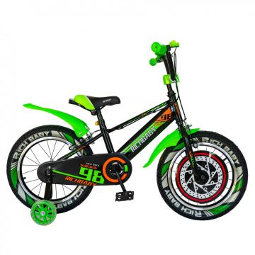 Bicicleta baieti Rich Baby R1607A, roata 16  , C-Brake otel,  roti ajutatoare cu LED, 4-6 ani, negru verde