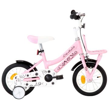 Bicicletă copii cu suport frontal alb și roz 12 inci