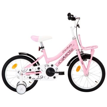 Bicicletă copii cu suport frontal alb și roz 16 inci