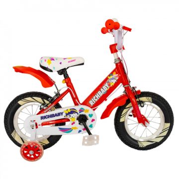 Bicicleta fete Rich Baby R1408A, roata 14  , C-Brake, roti ajutatoare cu LED, 3-5 ani, rosu alb