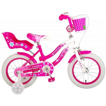 Bicicleta Volare Lovely pentru fete, 14 inch, culoare Alb Roz, frana de mana + contra