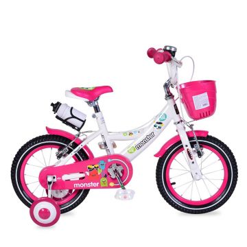 Bicicleta pentru fete 14 inch Moni Monster Roz cu roti ajutatoare
