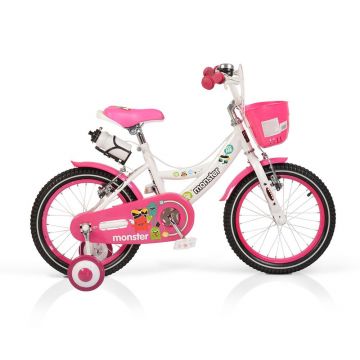 Bicicleta pentru fete 16 inch Moni Monster roz cu roti ajutatoare