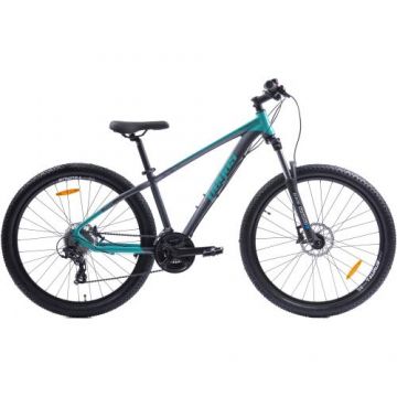 Bicicleta MTB Pegas Drumet, cadru aluminiu, marime XS, 24 viteze, manete schimbator Shimano, frane disc fata/spate, roti 27.5 inch, Turcoaz