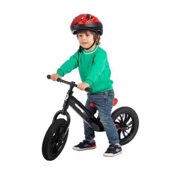 Bicicleta copii fara pedale Balance bike Qplay Racer negrurosu de la 3 ani pana la 30 kg, cadru usor de magneziu, reglabil, sa comoda, acoperita cu piele ecologica, roti de cauciuc gonflabil