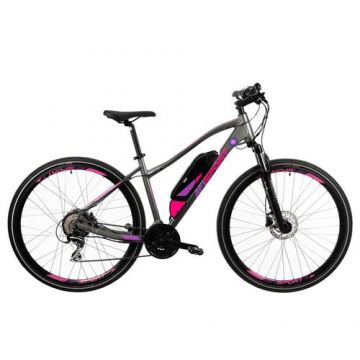 Bicicleta Electrica Afisport C17, M-L, Roti 28inch, Motor 250W, Autonomie 60 Km, Frane Hidraulice pe disc (Gri/Mov)