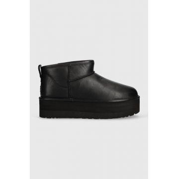 UGG bocanci de piele Classic Ultra Mini Platform culoarea negru, 1141510