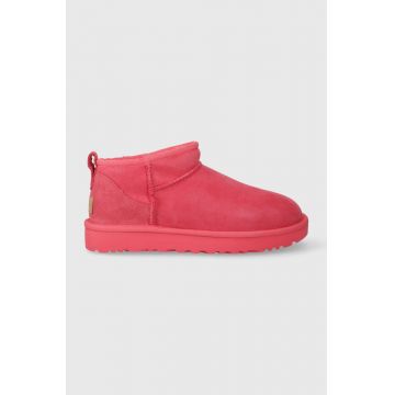 UGG cizme de zapada din piele intoarsa Classic Ultra Mini culoarea roz, 1116109