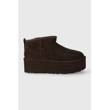 UGG cizme de zăpadă din piele întoarsă Classic Ultra Mini Platform culoarea maro, 1135092