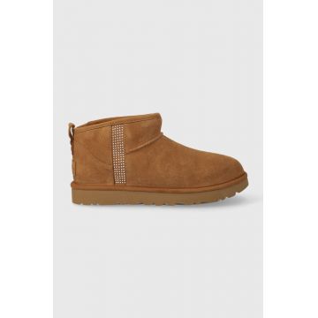UGG cizme de zapada din piele intoarsa W Classic Ultra Mini Bling culoarea maro, 1153777