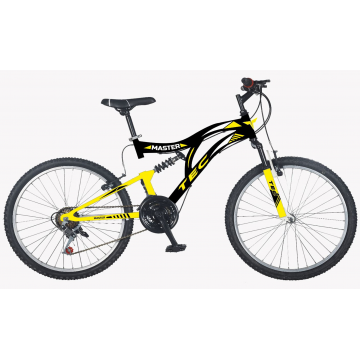 Bicicleta MTB Tec Master full suspensie, culoare negru/galben, roata 26