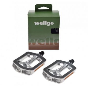 Set 2 pedale Wellgo din aluminiu cu insertii antiderapante pentru bicicleta, filet 9/16, culoare negru/argintiu