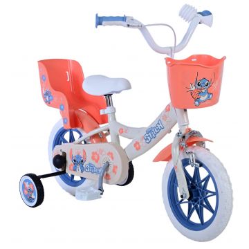Bicicleta pentru baieti Disney Stitch, 12 inch, culoare crem / coral, frana de mana fata si contra