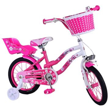 Bicicleta Volare Lovely pentru fete, culoare roz/alb, 14 inch, frana de mana fata si contra