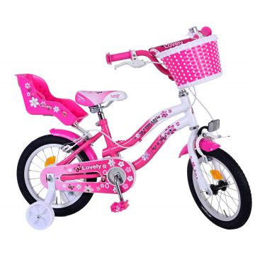 Bicicleta Volare Lovely pentru fete, culoare roz/alb, 14 inch, frana de mana fata si spate