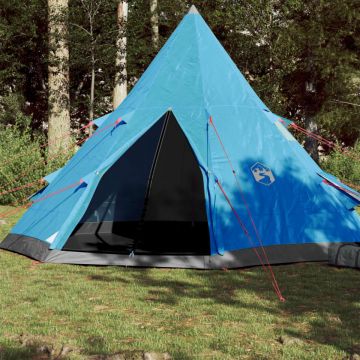 Cort de camping 4 persoane albastru, 367x367x259 cm, tafta 185T