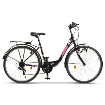 Bicicleta City Rich R2632A 26inch, Schimbator spate Sunrun 7 Viteze, Schimbator fata Sunrun 3 trepte, Manete Rotative 21 viteze, Roti 26 Inch, Frane V-Brake Fata/Spate, far cu dinam, portbagaj, Negru/Fucsia