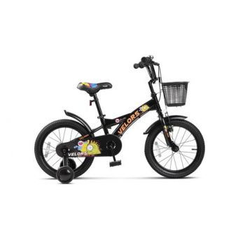 Bicicleta Copii 4-6 ani Velors V1601B, Roti 16 Inch, Frana fata V-Brake, Frana Spate Tambur, Roti Ajutatoare (Negru/Portocaliu)