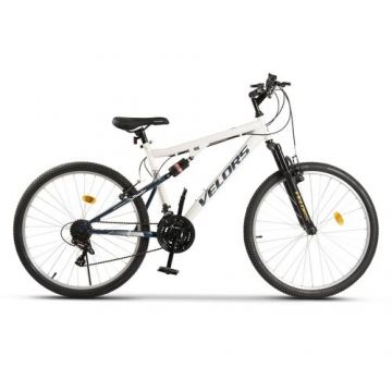 Bicicleta MTB-FS Velors Thunder V26305B 26inch, Schimbator spate Sunrun 7 viteze, Manete schimbator Rotative 21 viteze, Cadru full-suspension otel, Roti 26 inch, Frane V-Brake, Alb/Albastru